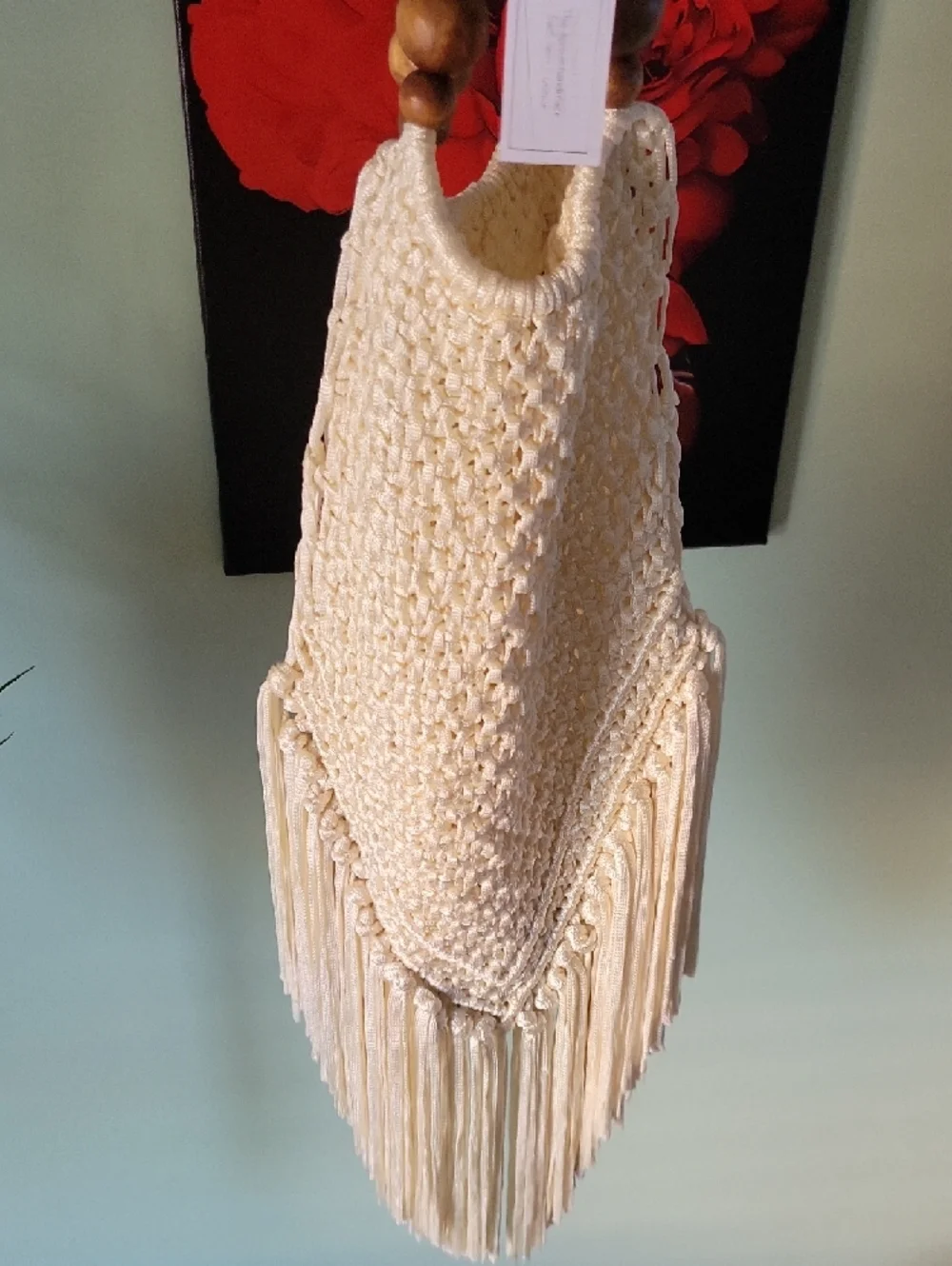 Boho Fringe Hobo Bag with Wooden Bead Handles - Cream